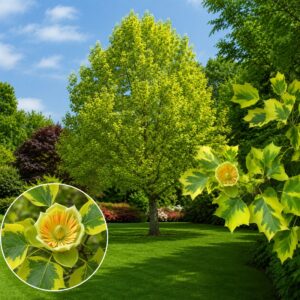 Arany tarka levelű Tulipánfa ‘Aureomarginatum’ Liriodendron tulipifera (konténeres díszfa)